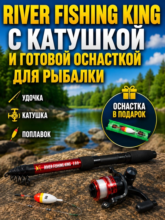 River Fishing King teleskopik qarmog‘i, g‘altak va tayyor baliq ovlash jihozlari bilan