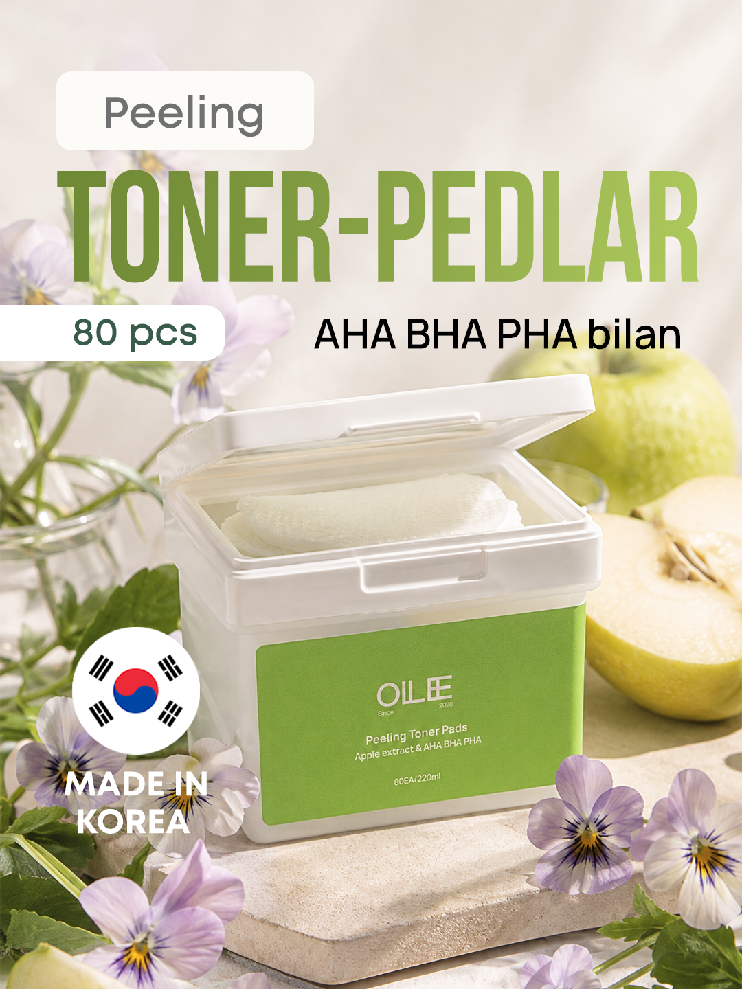 Yuz uchun piling toner-pedlar OLLEE olma suvi bilan AHA BHA PHA, aknega qarshi, 80 dona