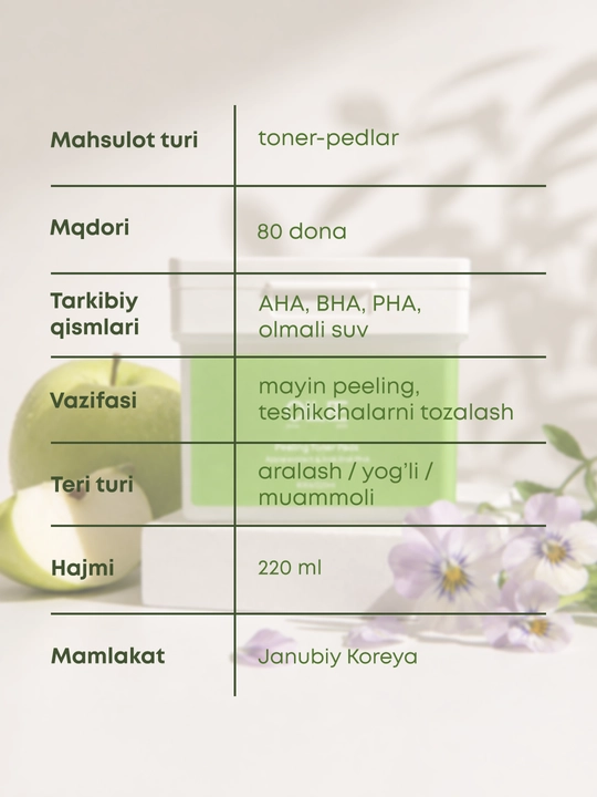 Yuz uchun piling toner-pedlar OLLEE olma suvi bilan AHA BHA PHA, aknega qarshi, 80 dona