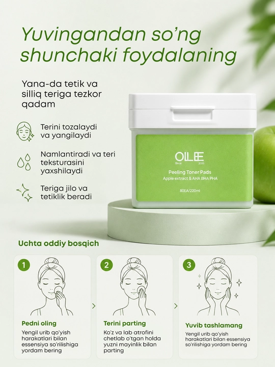 Yuz uchun piling toner-pedlar OLLEE olma suvi bilan AHA BHA PHA, aknega qarshi, 80 dona