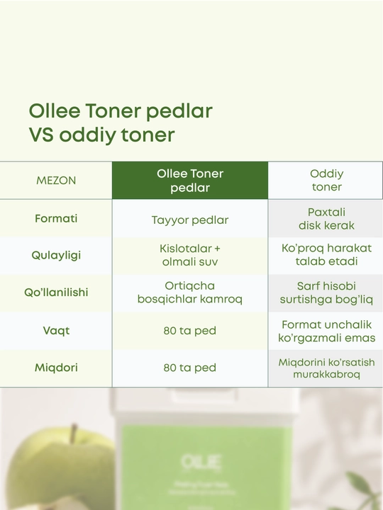 Yuz uchun piling toner-pedlar OLLEE olma suvi bilan AHA BHA PHA, aknega qarshi, 80 dona