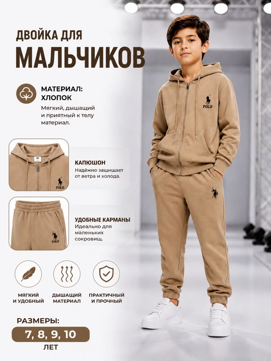 Осенняя двойка для мальчика, хлопковая кофта с капюшоном и брюки, спорт костюм 7-10 лет - 
