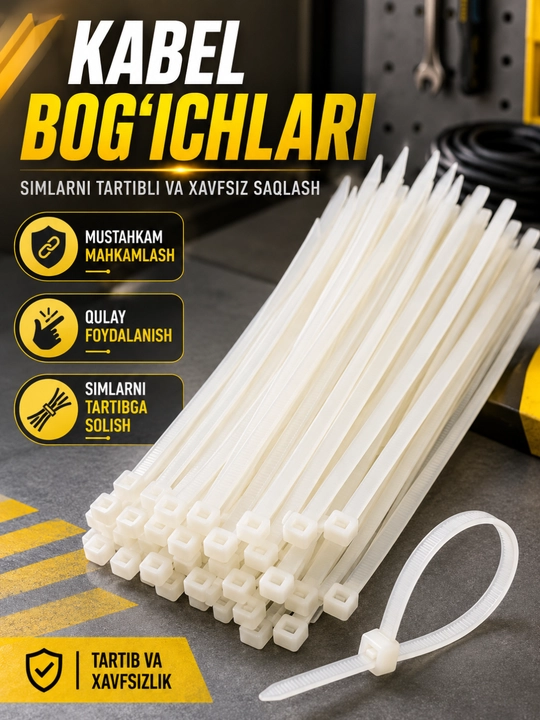 Kabel bog‘ichi plastik xomut, sim va kabellarni mahkamlash uchun, oq, 100 dona - 