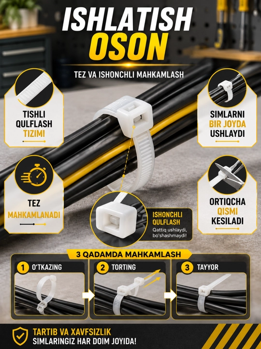 Kabel bog‘ichi plastik xomut, sim va kabellarni mahkamlash uchun, oq, 100 dona
