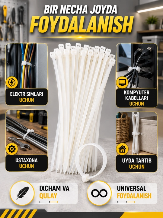Kabel bog‘ichi plastik xomut, sim va kabellarni mahkamlash uchun, oq, 100 dona