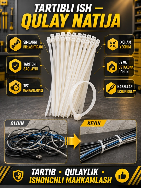 Kabel bog‘ichi plastik xomut, sim va kabellarni mahkamlash uchun, oq, 100 dona