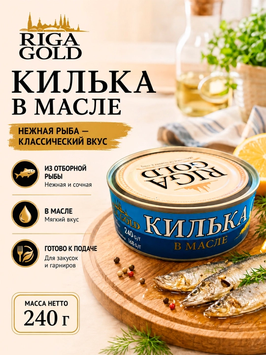 Килька в масле,  Riga Gold 240 г - 