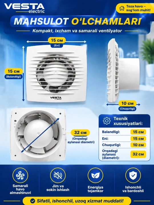 VESTA VS-EF100 elektr so‘rish ventilyatori - toza havo uchun ishonchli yechim
