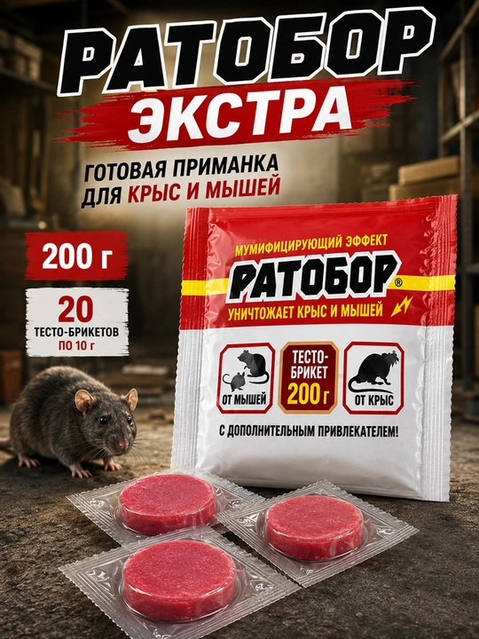 Ратобор Экстра, готовая приманка от крыс и мышей, тесто-брикеты 200 г - 