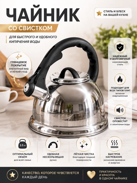 Чайник со свистком, для всех видов плит, металлический, индукция, 3.3 л - 