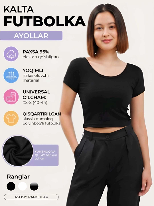 Ayollar uchun krop-top qisqartirilgan, yozgi ayollar futbolkasi