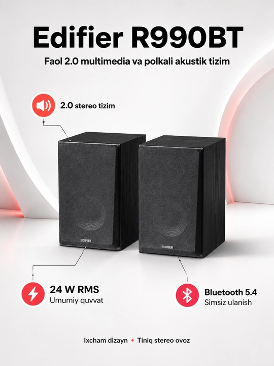 Edifier R990BT – Активная акустическая система 2.0 Bluetooth 5.4, 24 Вт RMS, колонка - 