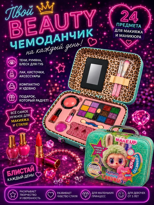 Набор детской косметики в чемоданчике, детские тени, Лабубу