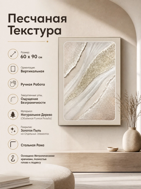 Настенная картина, ручная резьба по дереву, 60x90 песчаная текстура - 