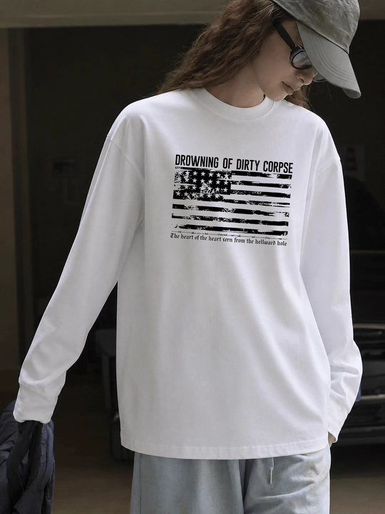 MICONIC Amerika bayrog‘i printli, oq uniseks oversayz longsliv