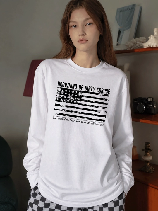 MICONIC Amerika bayrog‘i printli, oq uniseks oversayz longsliv