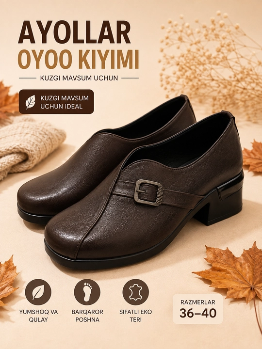 Ayollar kuzgi klassik tuflisi, qulay qalin poshna, keng oyoqqa mos, 36–40