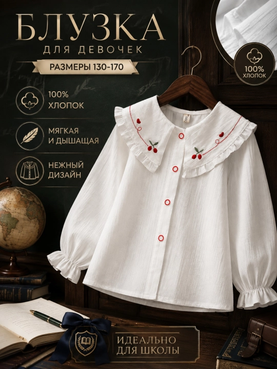 Qizlar uchun to‘r yoqali oq bluzka - 