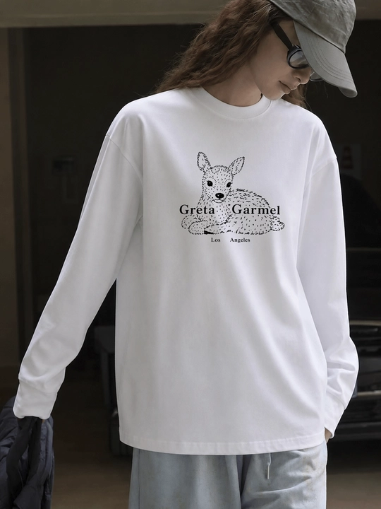 Белый лонгслив MICONIC унисекс оверсайз с олененком Greta Garmel