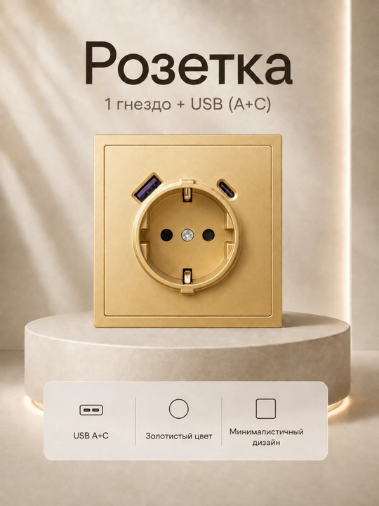 Розетка 3 в 1 с USB-A и USB-C, 1 гнездо с заземлением - 