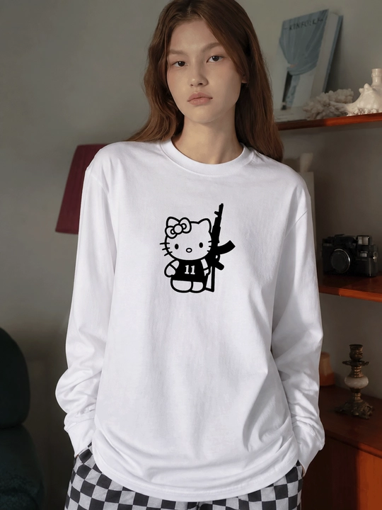MICONIC Hello Kitty printli oq uniseks oversayz longsliv