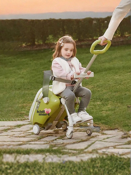Детский чемодан-каталка Kiddo Allek Green 20", с сиденьем и колёсами, зелёный и розовый