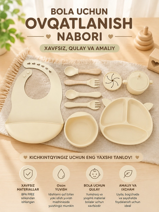 Bolalar uchun silikon ovqatlanish nabori, tarelka, kosa, suv idishi va so‘lakcha - 