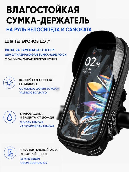 Велосумка держатель для смартфона с влагозащитой IPX7 до 7' на руль на липучках - 