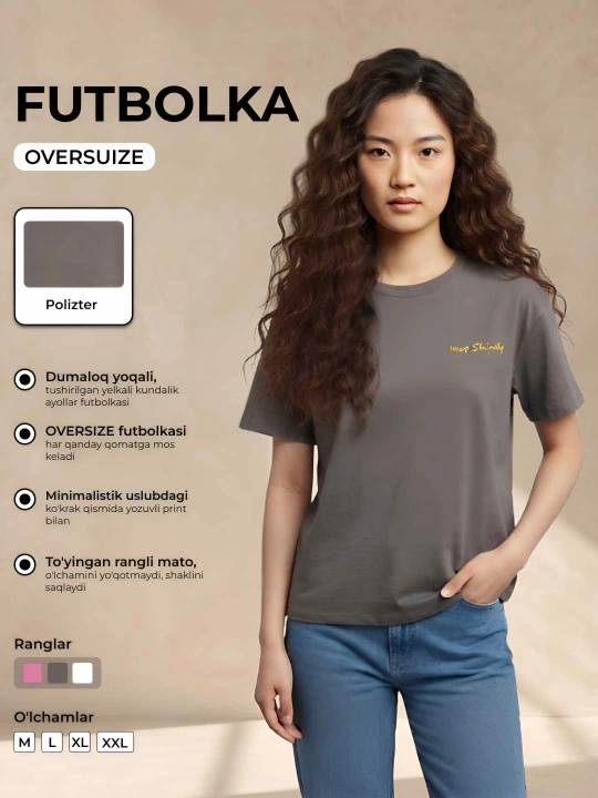 Ayollar futbolkasi katta o'lchamli, oq, kulrang, pushti, bitta rangli - 