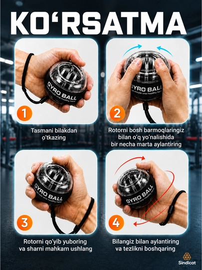 Giroskopik bilak espanderi Gyro Ball, qo‘l va bilak trenajyori, barmoq mushaklari uchun