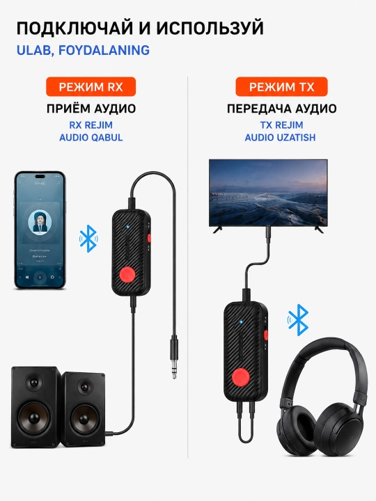 Borofone BC62 Bluetooth 5.4 avtomobil resiveri 6 soatgacha ishlaydi mini jack 3.5 AUX