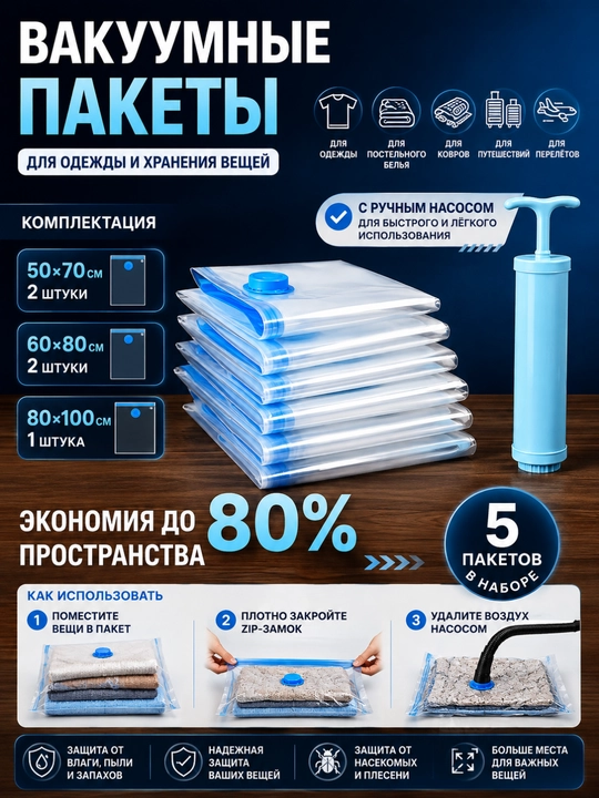 Вакуумные пакеты для одежды, мешки для хранения вещей - 