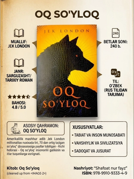 Джек Лондон: Белый Клык, книга, приключенческое произведение на узбекском языке - 