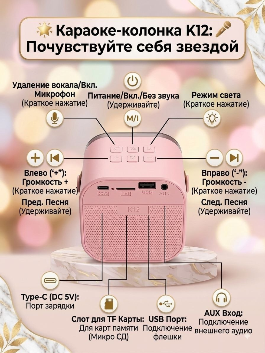 Микрофон караоке, детский, с беспроводным Bluetooth WS 858, колонка с микрофоном