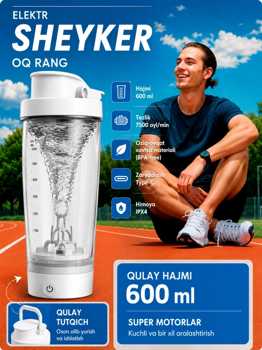 Elektr sheyker 600 ml, protein va sport proteinlari uchun, USB Type-C