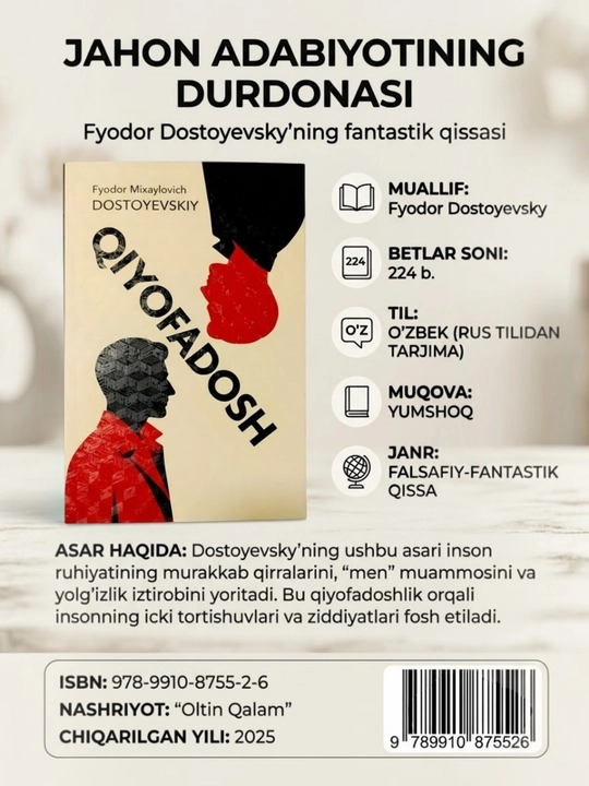 Fyodor Dostoyevskiy: "Qiyofadosh" kitobi, psixologik-falsafiy qissa, o'zbek tilida - 