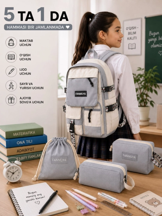 Ryukzag Maktab uchun 5 tasi 1 da, o‘quvchi sumkasi, penal, shopper, xaltacha, kosmetichka