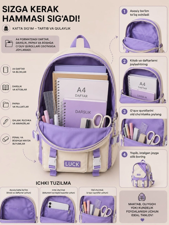 Ryukzag Maktab uchun 5 tasi 1 da, o‘quvchi sumkasi, penal, shopper, xaltacha, kosmetichka
