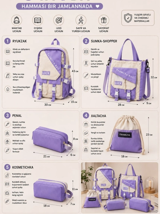 Ryukzag Maktab uchun 5 tasi 1 da, o‘quvchi sumkasi, penal, shopper, xaltacha, kosmetichka