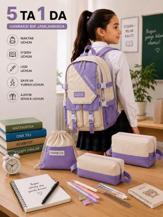 Ryukzag Maktab uchun 5 tasi 1 da, o‘quvchi sumkasi, penal, shopper, xaltacha, kosmetichka