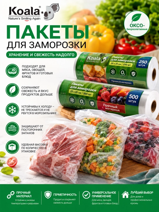 Пакеты для заморозки продуктов Koala в рулоне, 60/100/250/500 шт