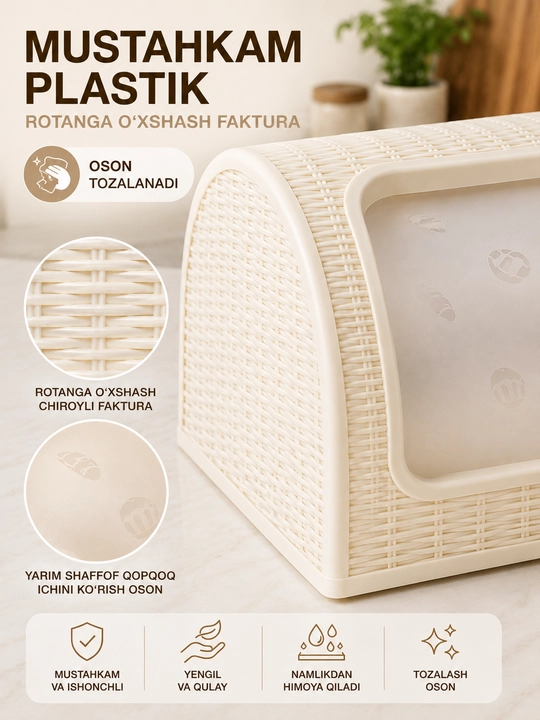 Plastik non idishi suriladigan qopqoqli, non va pishiriqlar uchun konteyner 45×29×19 sm