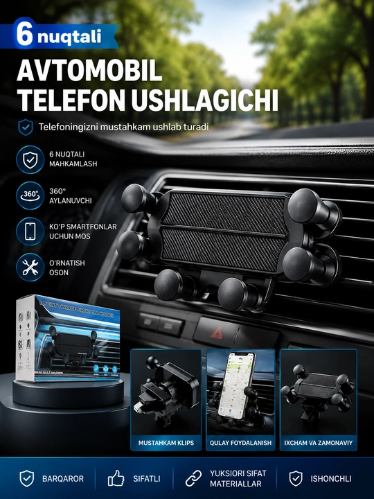 Avtomobil uchun ixcham telefon ushlagichi – ventilyatsiya panjarasiga o‘rnatiladi - 