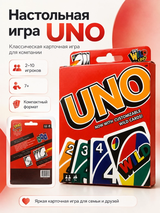 UNO stol karta o‘yini, bolalar va kattalar uchun, 2–10 o‘yinchi, 7+ - 