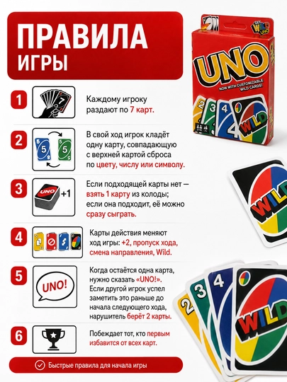 UNO stol karta o‘yini, bolalar va kattalar uchun, 2–10 o‘yinchi, 7+