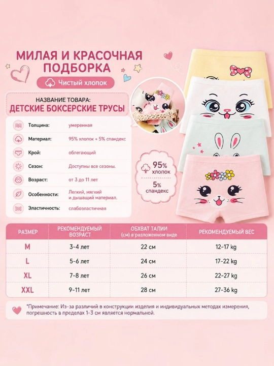 Детские трусики-боксеры для девочек, хлопковые, 4 шт, 3–11 лет
