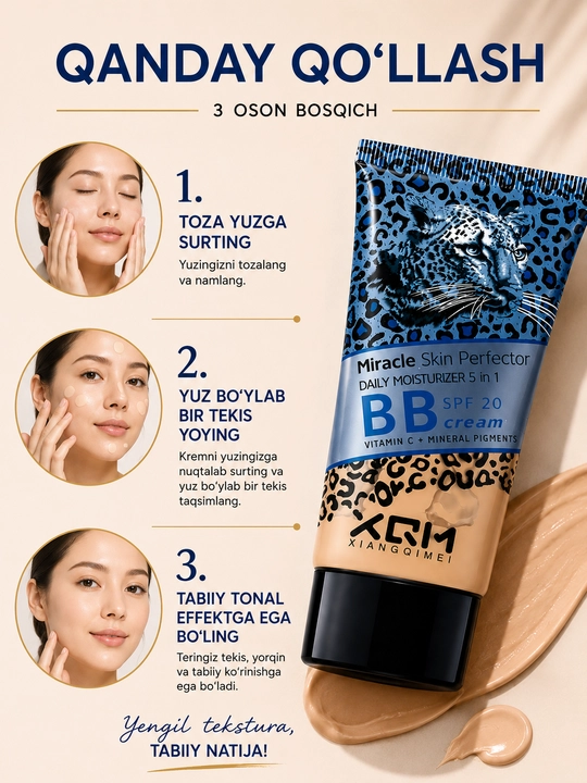 Miracle Skin BB kremi, SPF 15-20-25, 5 ta 1 da, yuz uchun tonal va namlantiruvchi krem