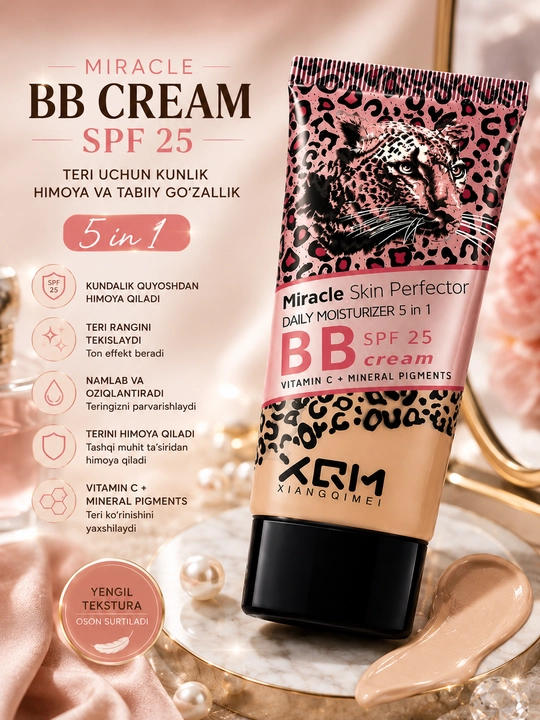 Miracle Skin BB kremi, SPF 15-20-25, 5 ta 1 da, yuz uchun tonal va namlantiruvchi krem - 