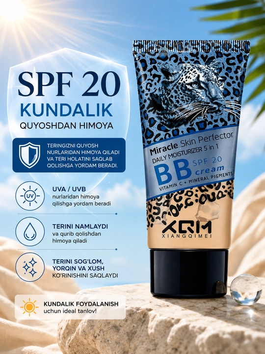 Miracle Skin BB kremi, SPF 15-20-25, 5 ta 1 da, yuz uchun tonal va namlantiruvchi krem