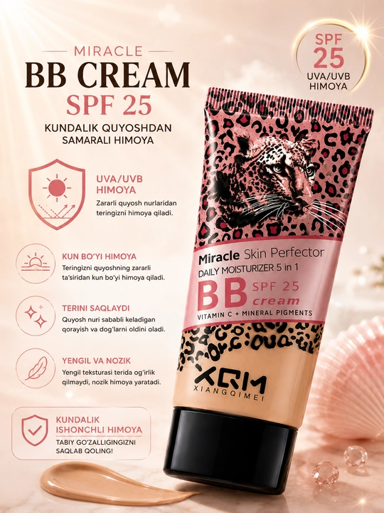 Miracle Skin BB kremi, SPF 15-20-25, 5 ta 1 da, yuz uchun tonal va namlantiruvchi krem